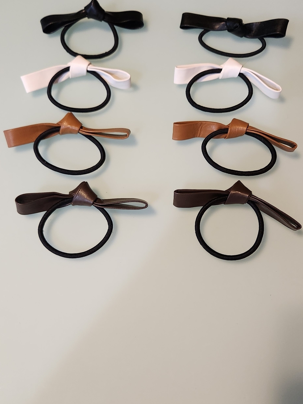 8- Leather, Bow, Elastic Hair Ties - Black, White, Tan, Brown (Set of 8)